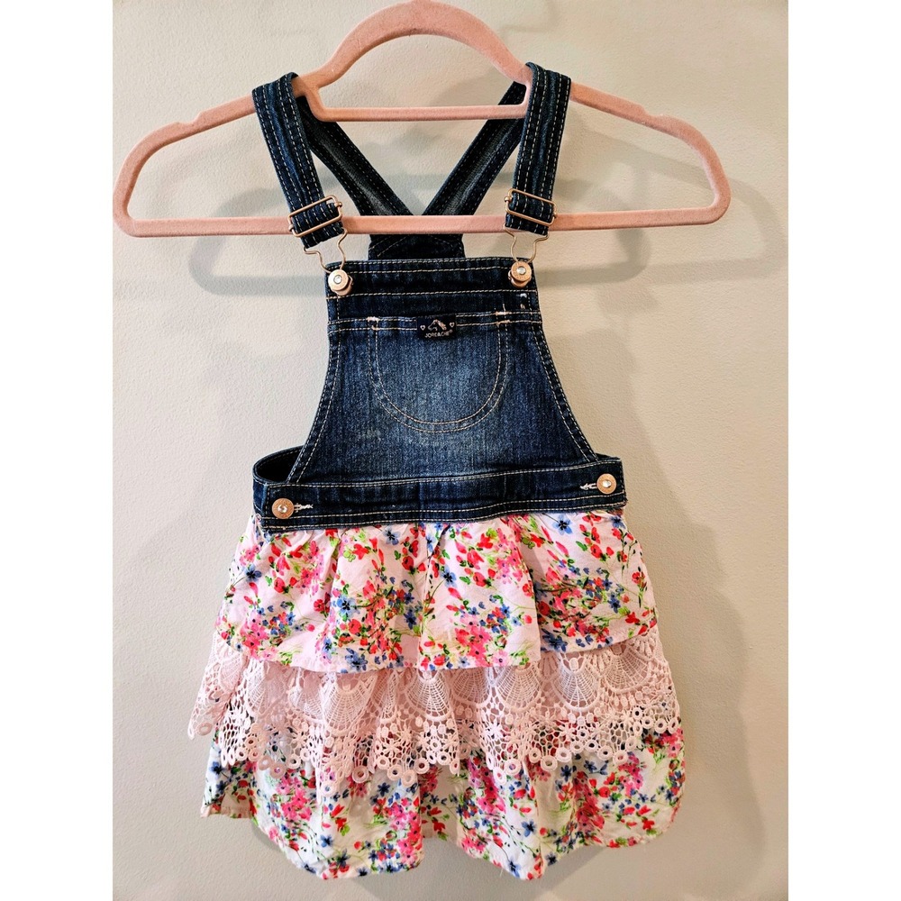 Jordache Girls 5T Denim Overall Dress Floral Tiered Lace Ruffle Dark Wash Bib